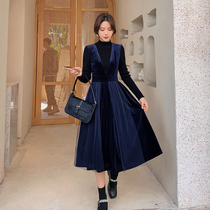 Blue Plus Size Women Fat Sister mm Temperament Elegant base shirt Vest Dress 2021 Winter Dress Slim Set
