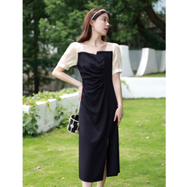 Blue Language Big Code Womens Dress Superior Feel Slim Open Fork Skirt 2022 Summer Fat mm Fab-style square collar dress