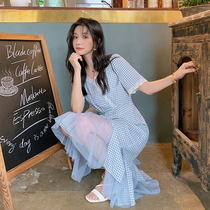 Blue Language Big Code Women Dress Fat Sister Mm Temperamental Mesh Yarn Splicing Fish Tail Long Dress Summer New Dress Skirt