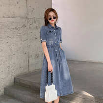 Blue Language Big Code Woman Dress Fat Sister Mm Temperament Tooling Embroidered Denim Dress 2022 Summer New Cashew Dress Dress