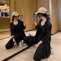 Blue language large size womens fat sister mm net red three-piece set 2021 new small blazer high waist casual pants