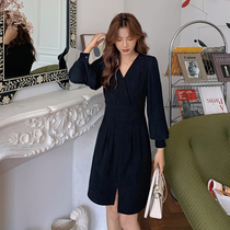Blue language large size womens fat sister mm temperament V-neck split dress autumn new waist thin black dress