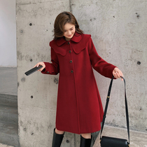 Blue language large size womens fat sister mm French Hepburn style red woolen coat 2021 Winter New woolen coat