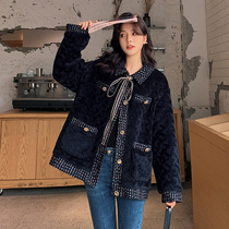 Blue Plus Size Women Fat Sister mm Contrast Color Lapel Lamb Hair Coat 2021 Winter Slim Short Cotton Dress Thick