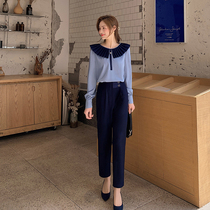 Blue Language Big Code Woman Dress Fat Sister Mm Bump Color Doll Collar Blouse Suit Straight Barrel Pants 2022 Spring New Two-piece Set