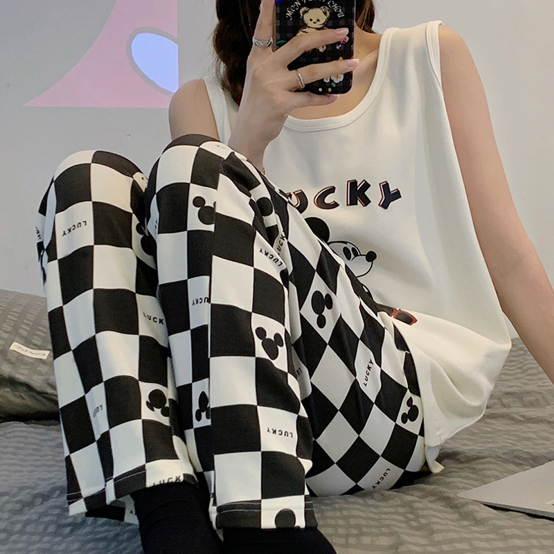 Vest Pyjamas Girls Summer Long Pants Plaid pure cotton extras Sleeping Pants Short Sleeves Shorts Home Suit Long Pants