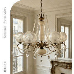 French Retro Creative Shell All-Copper Ceramic Crystal Chandelier Bedroom Dining Room Living Room Chandelier Cream Style Lighting Fixtures