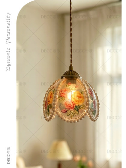 Dige French-Style Vintage Painted Rose Pearl Small Pendant Light for Bedroom Bedside, Entryway, Bar Counter Floral Pendant Light