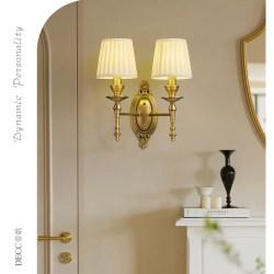 American-Style All-Copper Fabric Wall Lamp, French Retro Living Room, Bedroom, Dining Room Creative Art Simple Handmade Pure Copper Wall Lamp