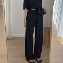 Zhou Mu Wood black wide leg pants womens high waist drape feel 2020 Summer Korean loose slim Joker pink slacks