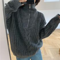 Zhou Wood apit homemade half zipper thick needle lazy leisure wind loose pullover sweater 2020 winter New