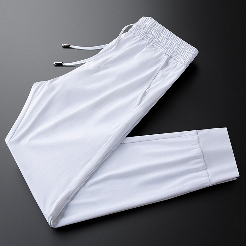 Summer Thin White Ice Silk Pants Men's Casual Pants Forest Style Simple Men's Smooth Quick-Drying Fabric Stretch Sports Pants