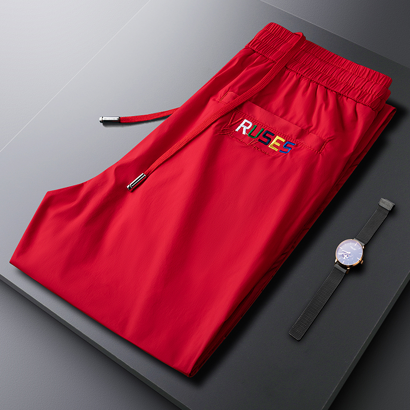 New Red Sports Pants for Men, Summer Lightweight Breathable Ice Silk Men's Casual Pants, Silky Youth Sweatpants, Trendy Men's Pants