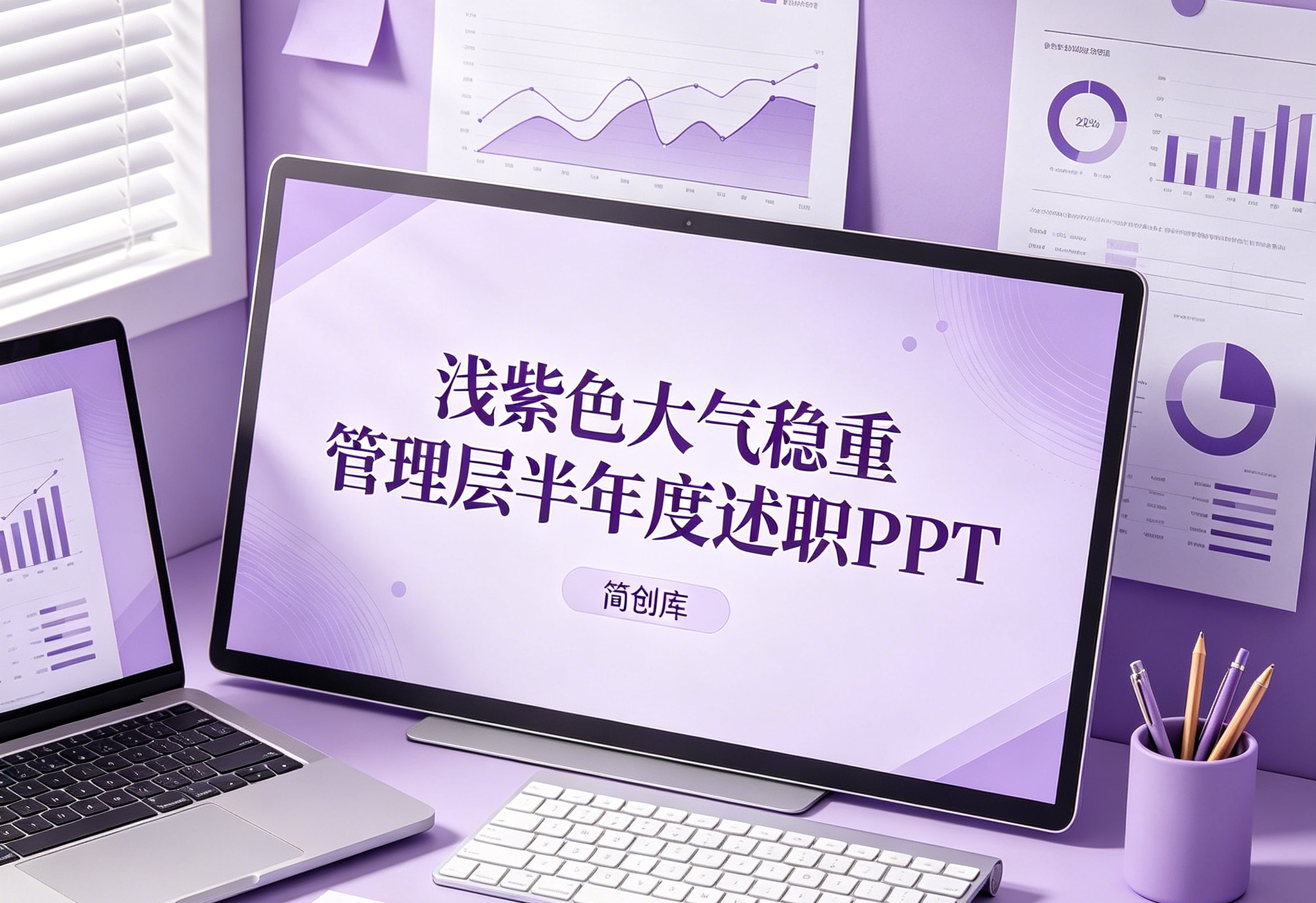 B1023管理层半年度述职汇报PPT模板 浅紫色高端稳重风商务精美可编辑-简创库网