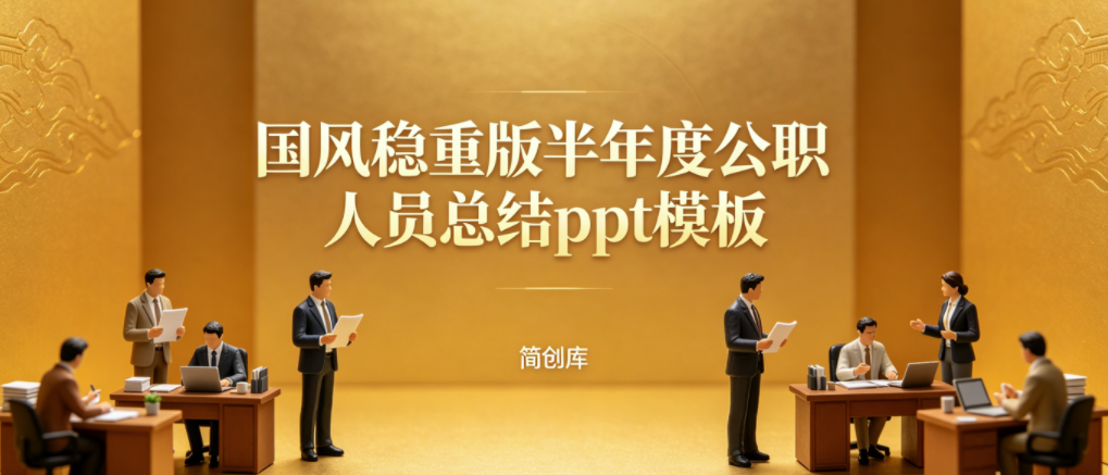 B1005国风稳重版公职人员半年度总结PPT模板 机关事业单位述职汇报模板-简创库网