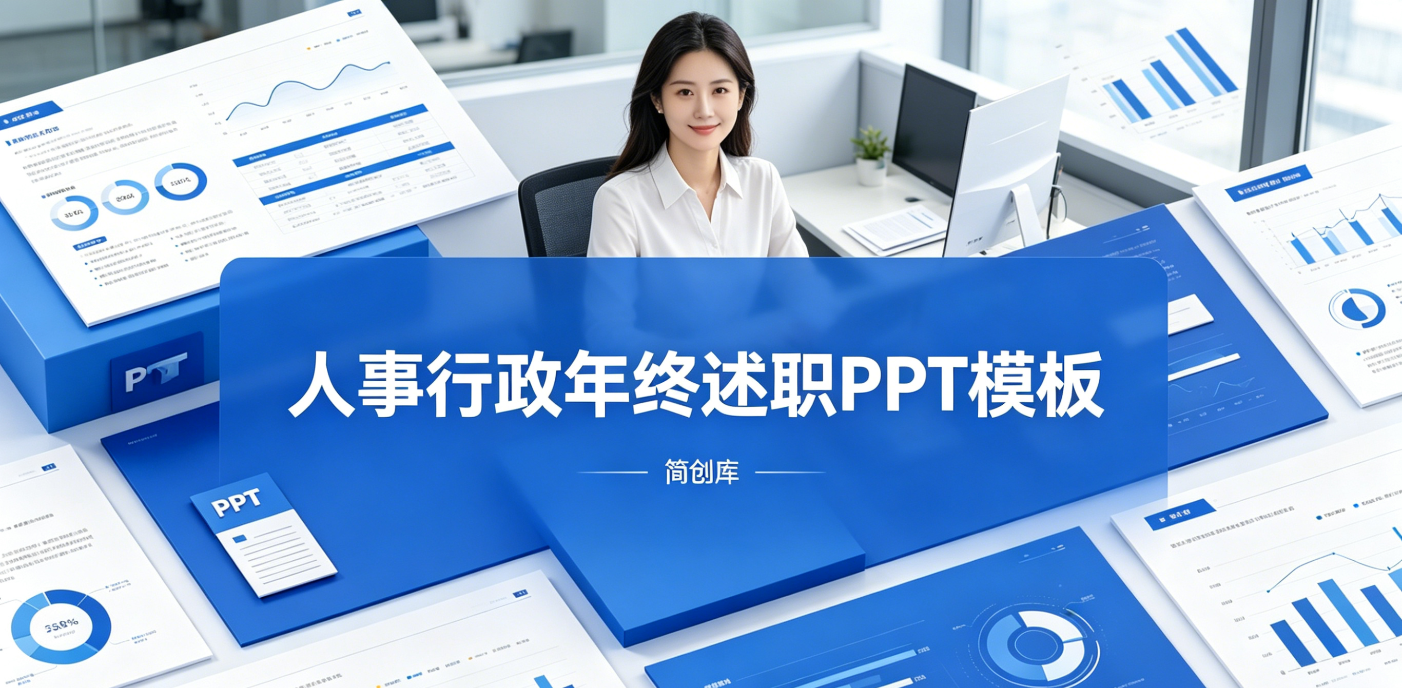 B1027蓝色商务风人事行政年终述职PPT模板 职场通用年终工作总结精致模版-简创库网