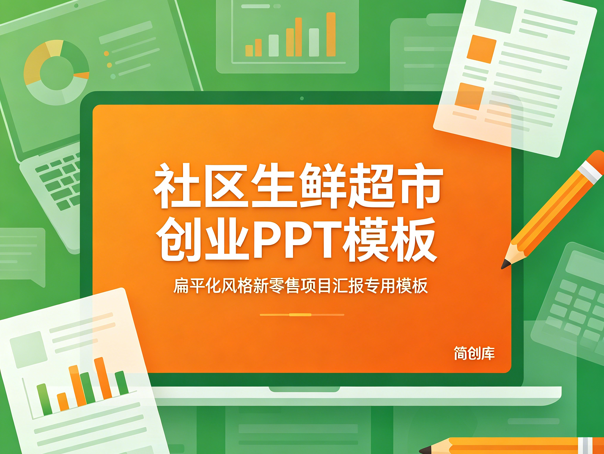 C1151社区生鲜超市创业PPT模板 扁平化风格新零售项目汇报专用模板-简创库网
