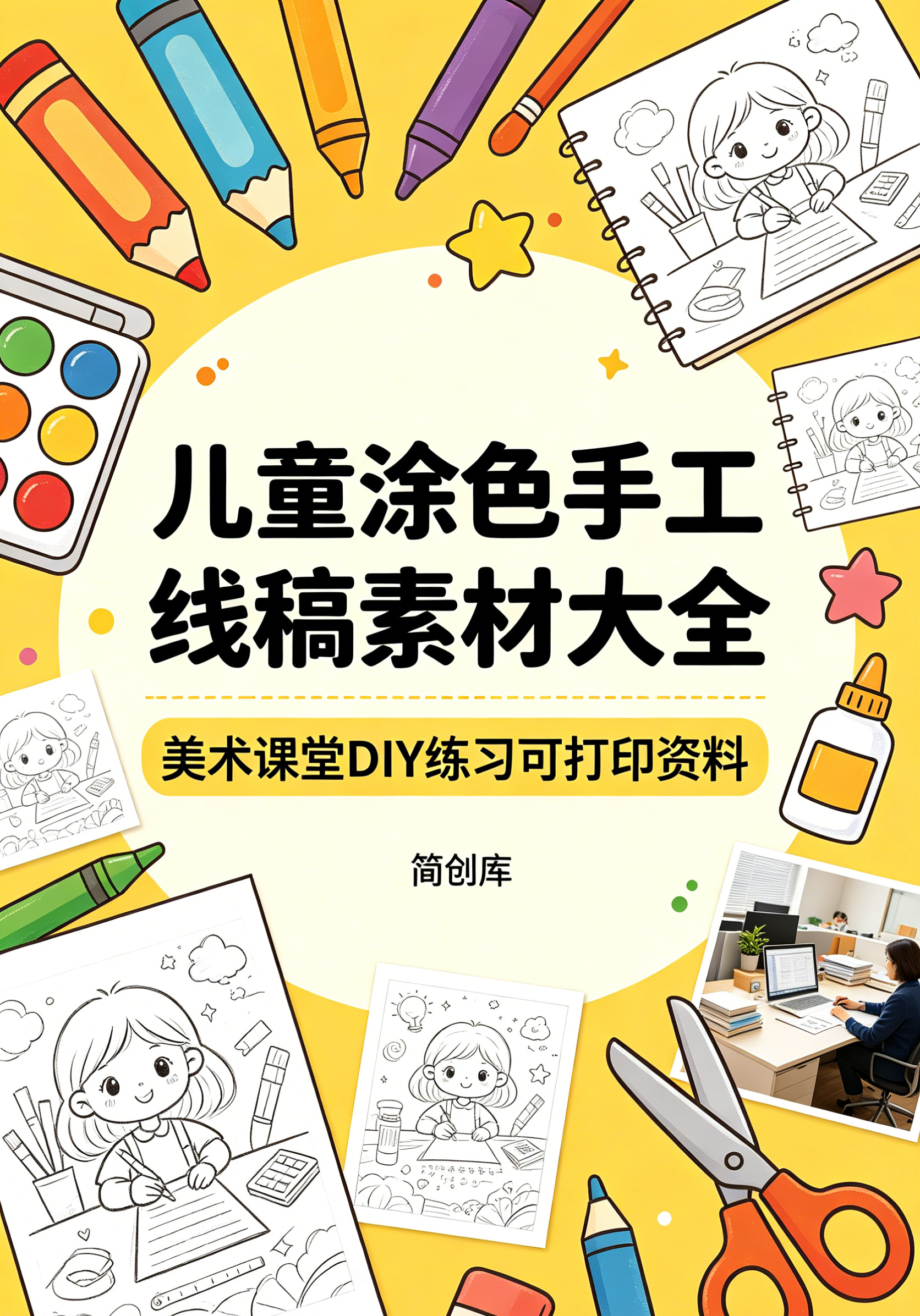 E1130儿童涂色手工线稿素材大全 美术课堂 DIY 练习可打印资料-简创库网