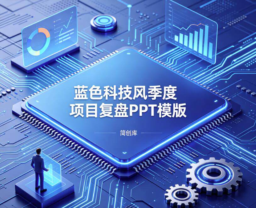 B1003蓝色科技风季度项目复盘PPT模板 ，企业项目总结复盘通用可编辑-简创库网