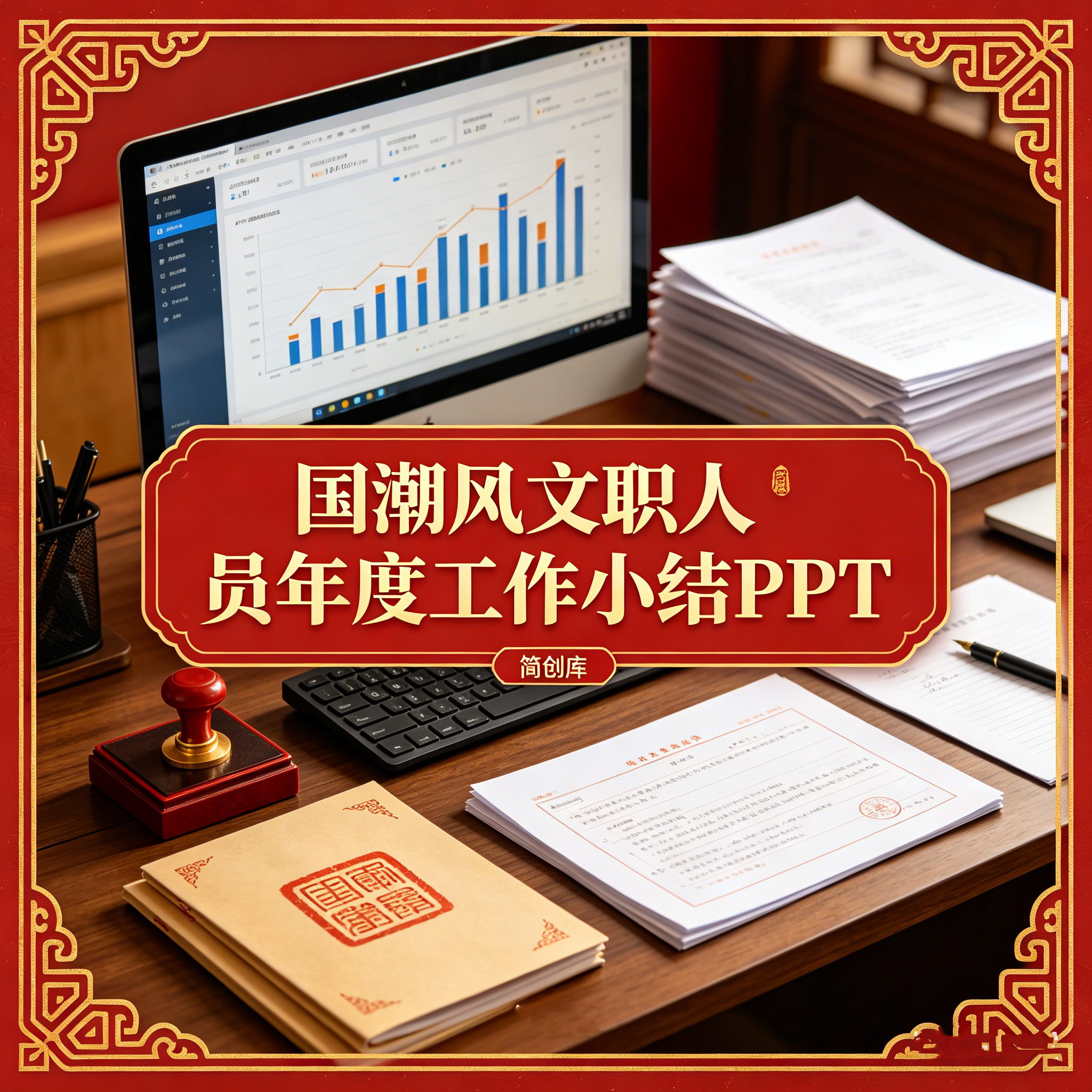 B1025国潮风文职人员年度工作小结PPT模板 精美可编辑年度汇报模板-简创库网