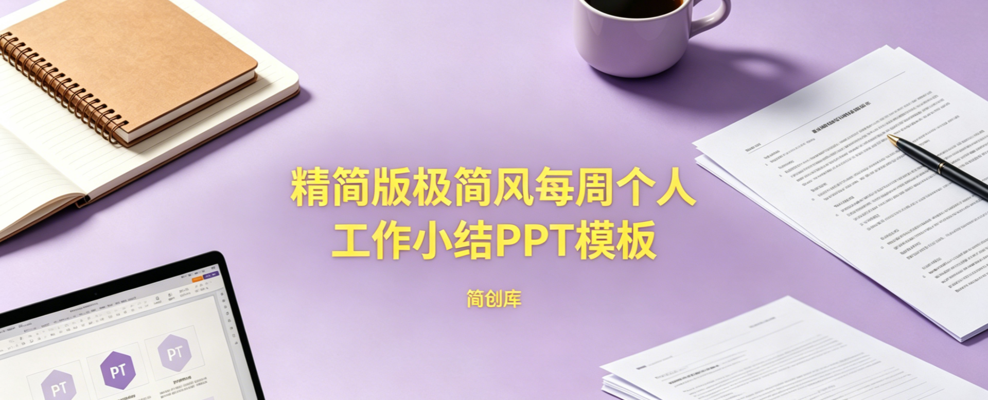 B1017浅紫极简风每周工作小结PPT模板 精简版个人周总结多图表格通用-简创库网