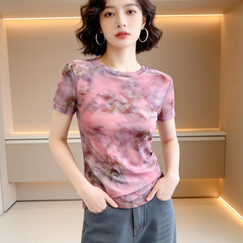 Elegant and Youthful Printed Top with Mesh Short Sleeves, Women's Summer 2026 New Style, Slim Fit Lace Blouse Elegant and Youthful Printed Top with Mesh Short Sleeves, Women's Summer 2026 New Style, Slim Fit Lace Blouse