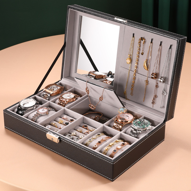 Leather Lockable Multifunctional Watch and Jewelry Storage Box Necklace Ring Earrings Bracelet Jewelry Storage Box