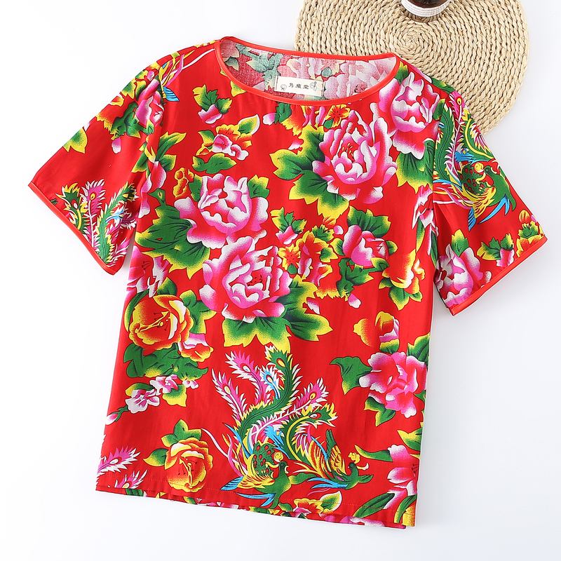 New Women's Summer T-Shirt, Thin and Loose, Northeastern Floral Fabric Tank Top, Short-Sleeved Regular Half-Sleeve Pure Cotton Top