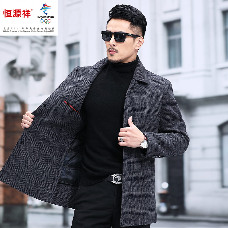 Hengyuanxiang men's double-sided cashmere coat winter mid-length version business dad down lining middle-aged woolen coat