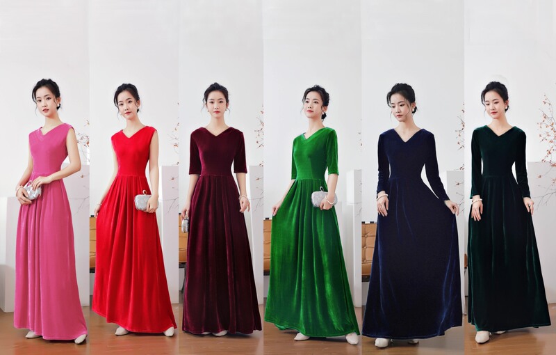 2022 Spring Dress Long Swing Gold Velvet Long Skirt Dance Skirt Dress V Neck Evening Plus Size Skirt Daily