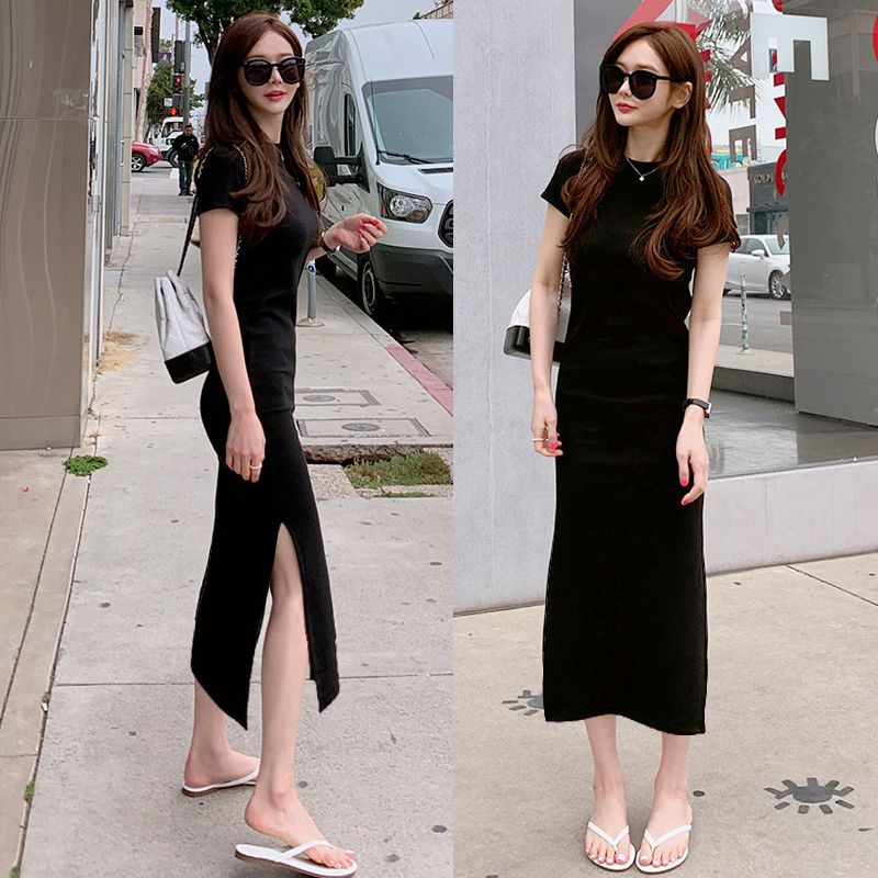 Over-The-Knee Long Skirt, Little Black Skirt, Hip-Hugging Base Skirt, Mid-Length Inner Wear with Slit, Leg-Revealing Modal Dress
