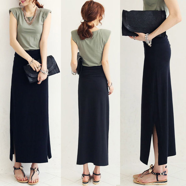 Half-Length Skirt with Double Side Slits, Elastic Waist, Slim Fit, Summer Korean Style, Mid-Length Hip-Hugging Skirt, Modal Black Skirt