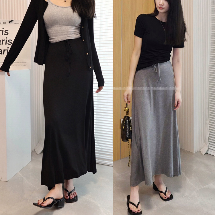Drapey Midi Skirt, Long Skirt with Large Hem, Summer Elastic Waist, Loose Fit, Slimming, Hip-Covering A-Line Skirt, Lazy Style, Extra-Long Skirt