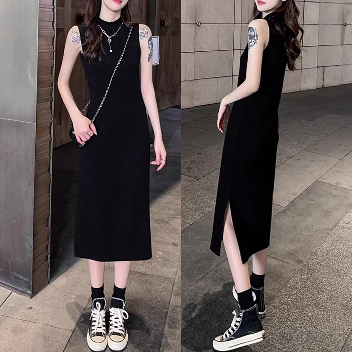 Mid-Length Ribbed Half-High Collar Tank Dress, Casual Double Side Slit Sleeveless Dress, Versatile Straight Bottoming Dress