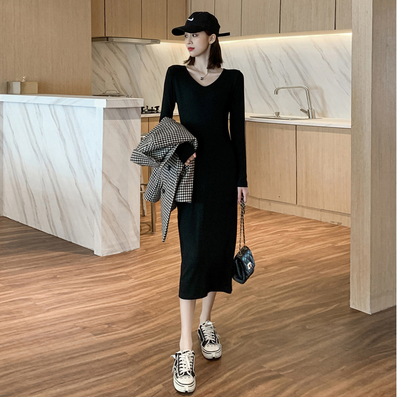 Long-Sleeved Dress, Ribbed Spring Dress, Korean Style Pencil Skirt, Hip-Hugging Skirt, Over-The-Knee Mid-Length Solid Color Base Dress