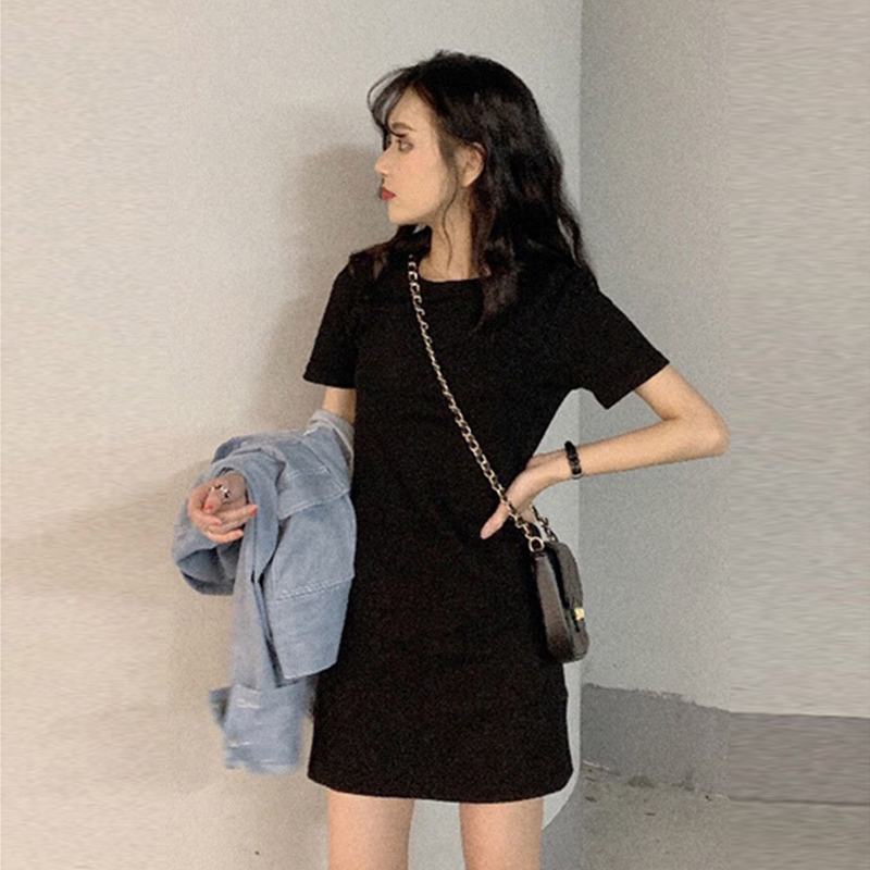 Mid-Length T-Shirt Dress, Solid Color, Summer, Leg-Revealing, Sexy, Slimming, Short-Sleeved, Round Neck, Pure Cotton T-Shirt, Base Layer, Women's Dress, Short Skirt Mid-Length T-Shirt Dress, Solid Color, Summer, Leg-Revealing, Sexy, Slimming, Short-Sleeved, Round Neck, Pure Cotton T-Shirt, Base Layer, Women's Dress, Short Skirt