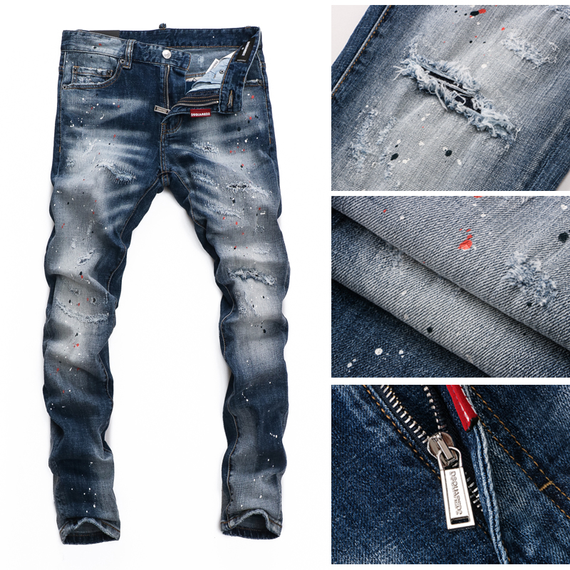 Tse Ting Front The Same Light Color Secondary Square High Street Beggar Repairing the Painting Tide Sign d2 High-end Denim Pants Man Breaking Hole