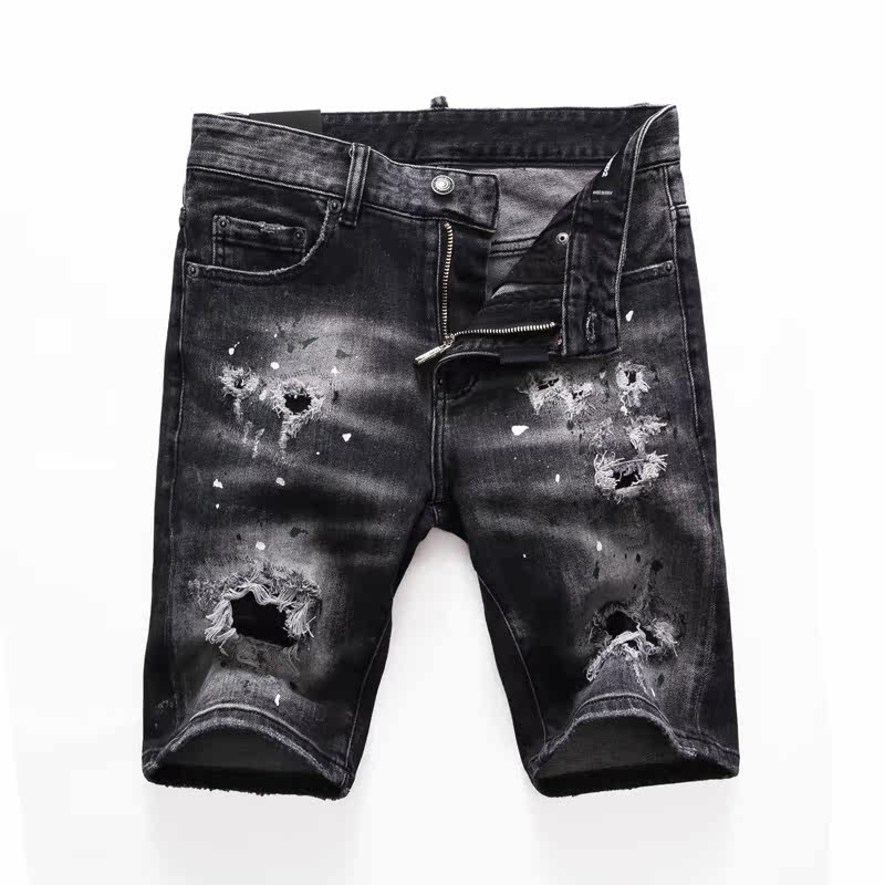 Summer 50% jeans Men's black Korean version Body Small Foot Tide Card Men's Shorts Printed Breaking Hole 50% Pants Horse Pants