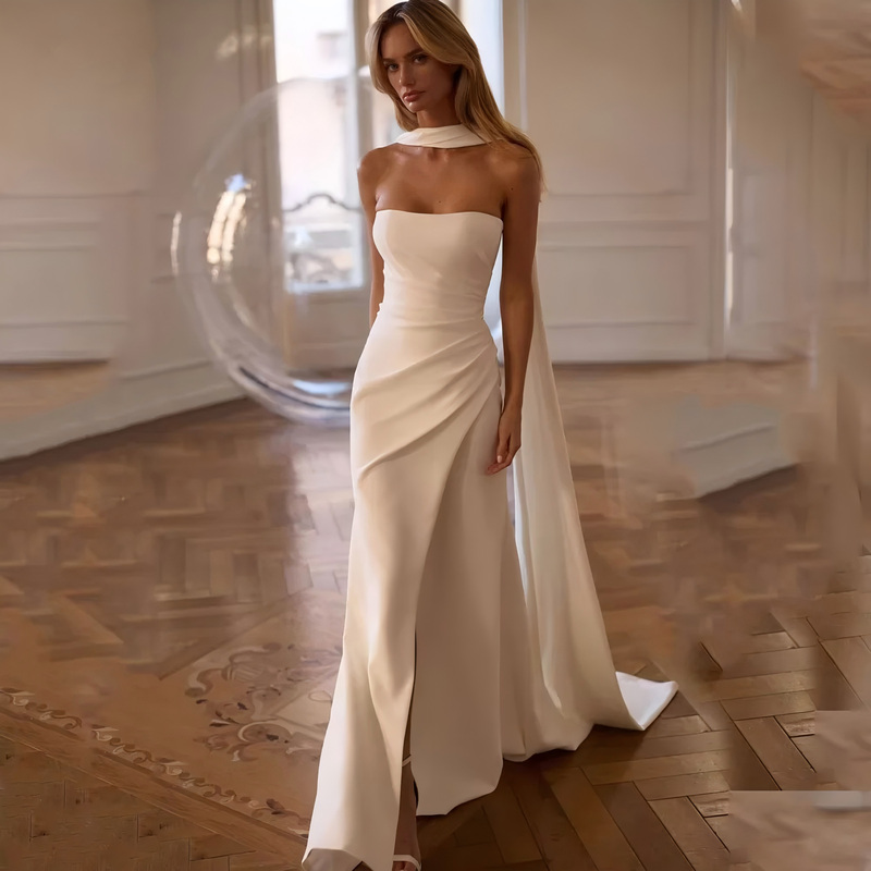 European and American Cross-Border Evening Dress for Women, White Satin Mermaid Style, Simple and Elegant, Travel Photography Light Wedding Dress, Bridal Robe with a High-End Feel