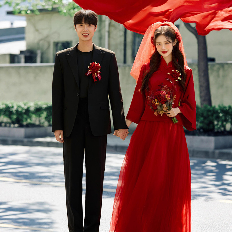 New Chinese-Style Engagement Evening Dress, Bride's Wedding Long-Sleeve High-End Vintage Elegant Complexion-Enhancing Homecoming Toast Dress Set