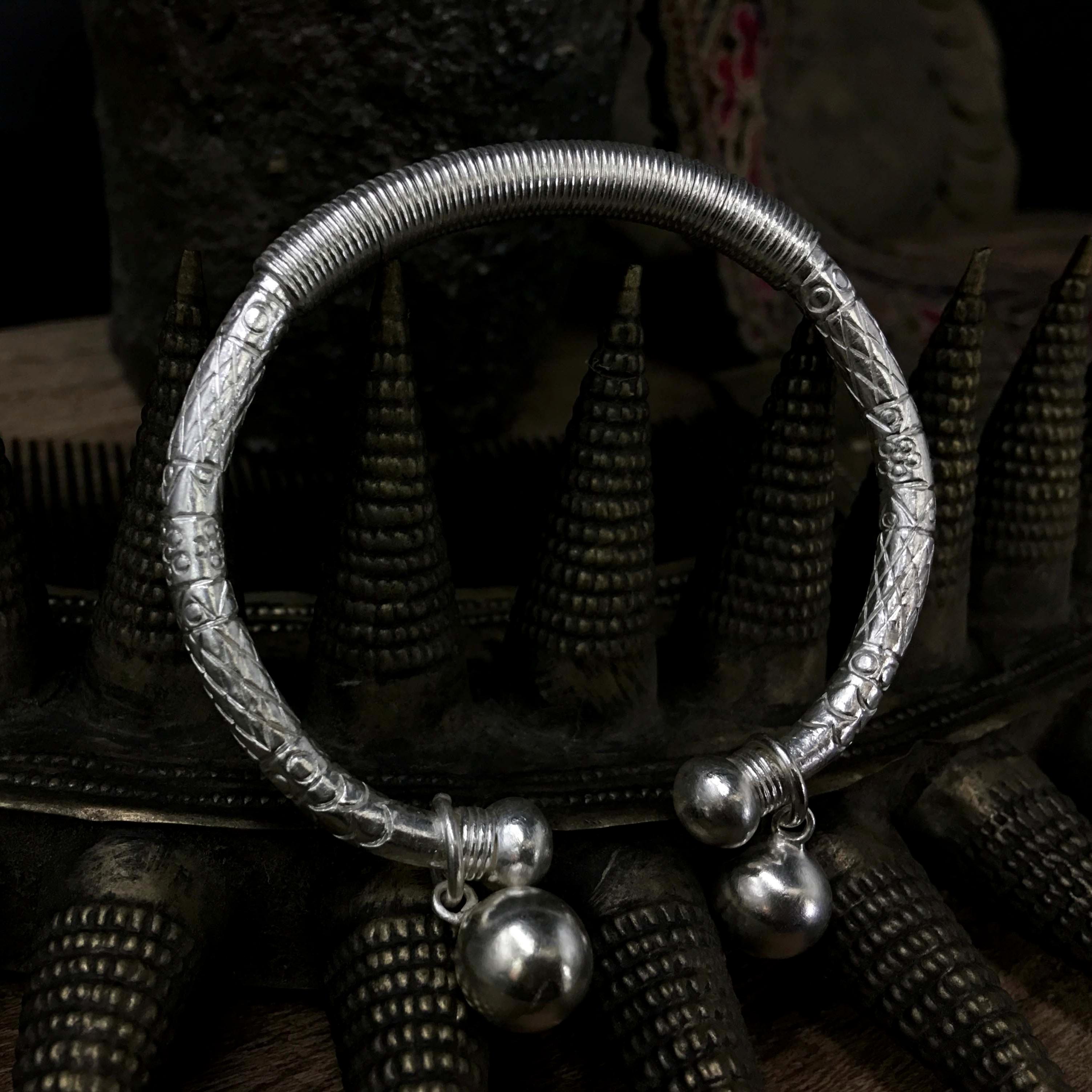 Original 999 Sterling Silver Handmade Personality Characteristic Silk Carved Beads Bell Cylinder Bracelet Sleeve