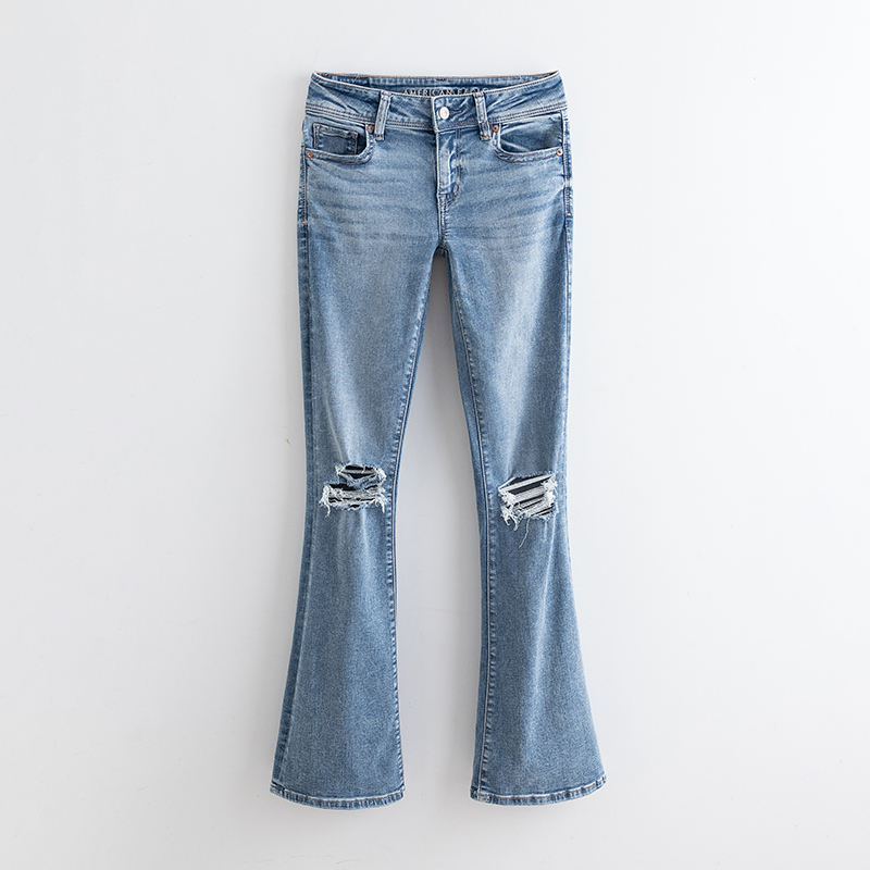Aeo American Eagle Summer New Mid-Low Waist Stretch Jeans for Women, Slim Fit, Ripped, Butt-Lifting, Slightly Flared Trendy Style