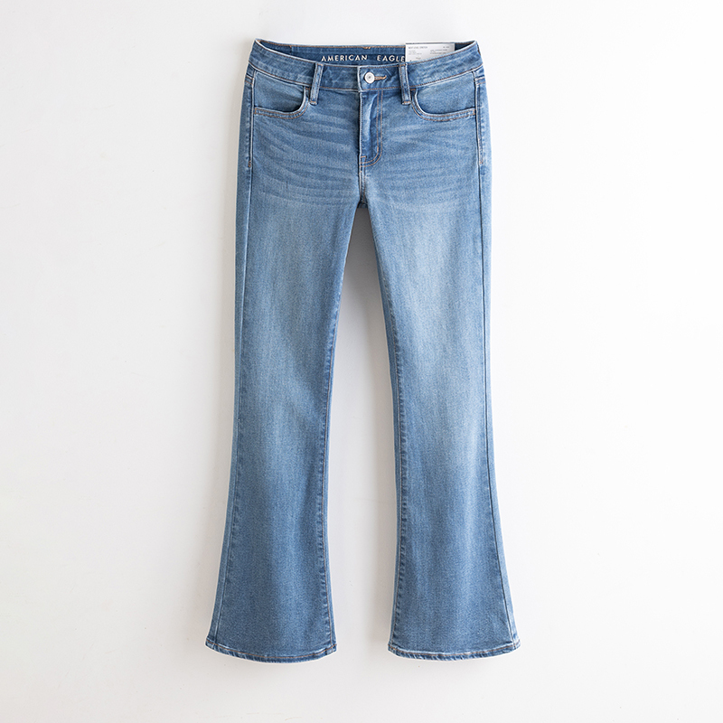 Aeo American Eagle Summer Blue Mid-Low Waist Stretch Jeans for Women, Slim Fit, Hip-Lifting, Slightly Flared Pants