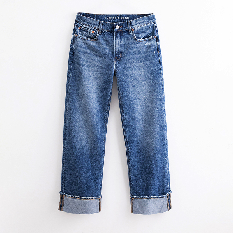 American Eagle Aeo Autumn Blue High-Waisted Non-Stretch Jeans for Women, Loose Fit, Slimming, Wide-Leg, Cuffed Straight-Leg Pants, Trendy