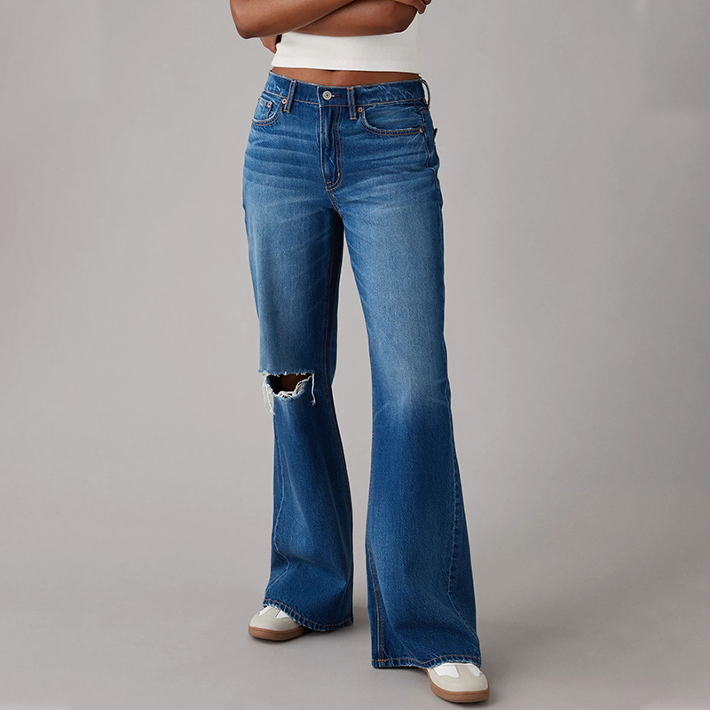 Aeo American Eagle Summer Dark Blue Mid-Low Waist Non-Stretch Jeans for Women, Loose Fit, Slimming, Distressed, Thin Flared Pants