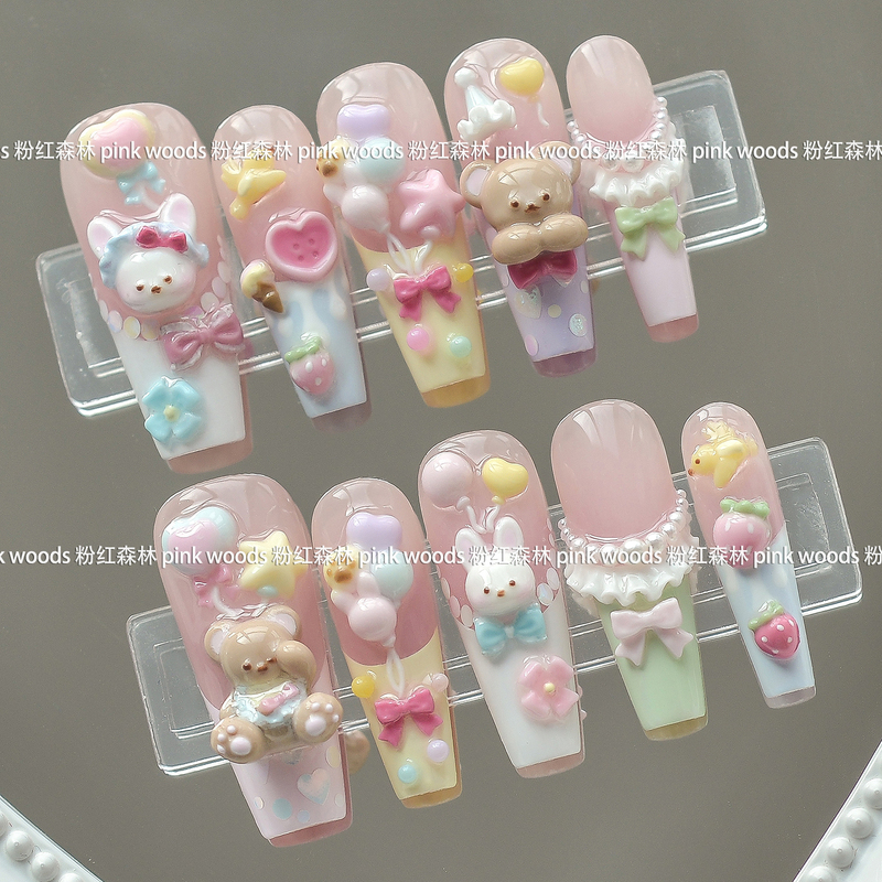 Handmade Wearable Nails Amusement Park Bear Dopamine Balloon Rabbit Bow Strawberry Cute Long Style Short Style