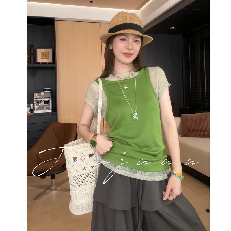 Jaajaaa Sicily Encounter: Stylish Lace Short-Sleeve Top + Solid Color Vest Airy Layering Set/Xxfi