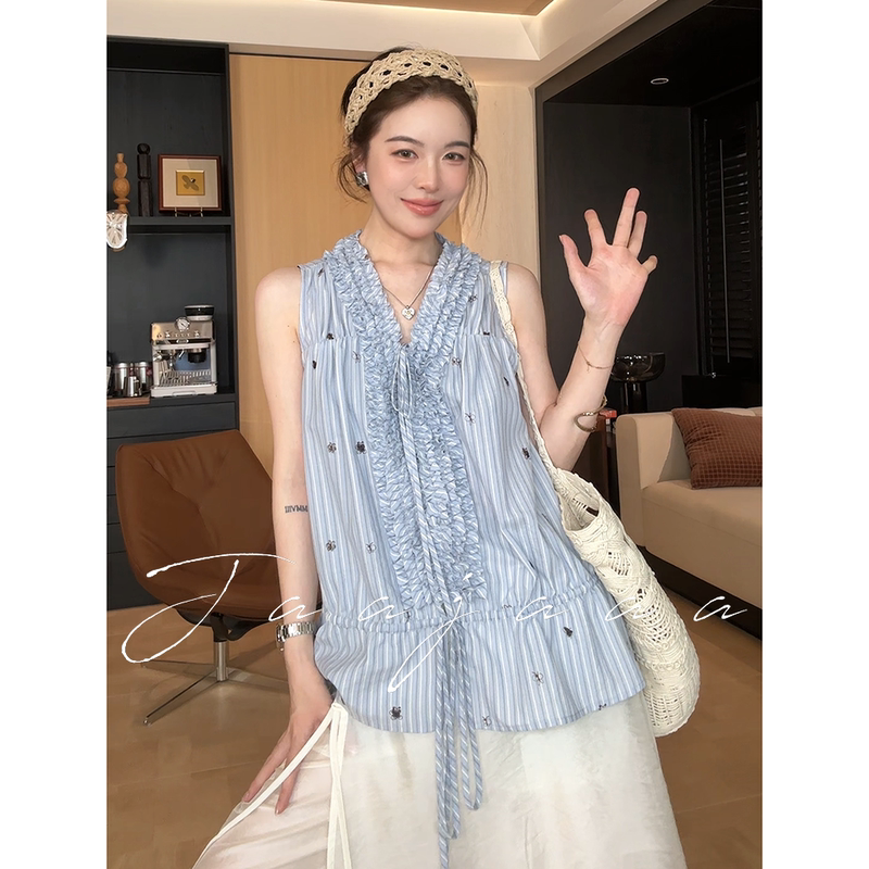 Jaajaaa Oxygen Girl Design Sense Age-Reducing Striped Tie Butterfly Embroidery Ruffled Sleeveless Shirt/Bba