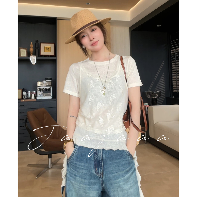 Jaajaaa Guangzhou Story Tencel Linen Mulberry Silk Refreshing and Comfortable Patchwork Fake Two-Piece Short-Sleeve T-Shirt/Bfff