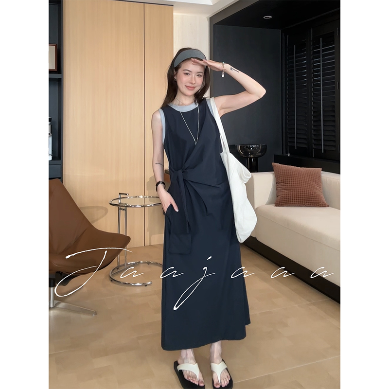 Jaajaaa Slightly Cool, Relaxed Korean Style Elegant Temperament Fake Two-Piece Tie Waist Slimming Sleeveless Dress